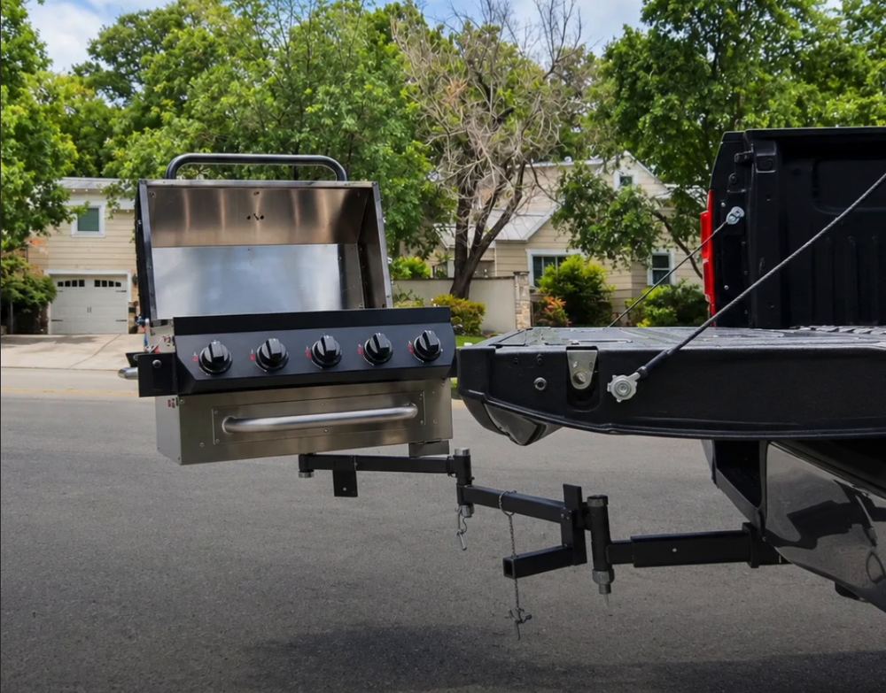 GrillGate hitch-mounted and ready on a residential street